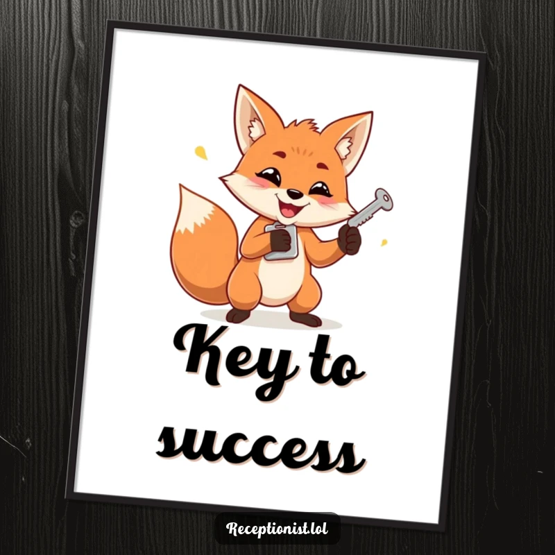 Funny poster of a determined fox with a mischievous grin juggling keys, perfect for adding clever decor.