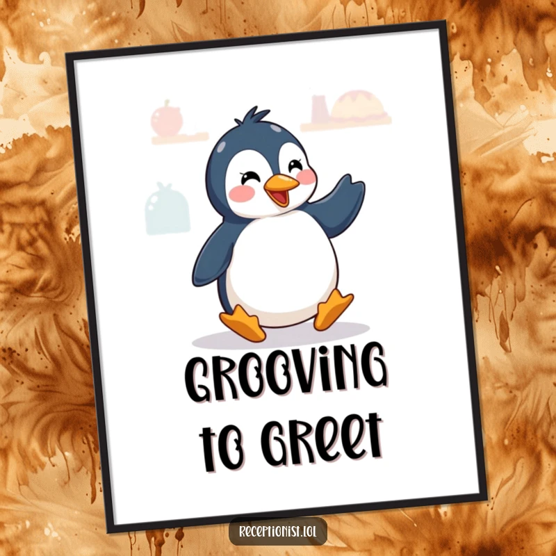 Funny penguin doing a greeting dance at a counter, displayed as energetic wall art.
