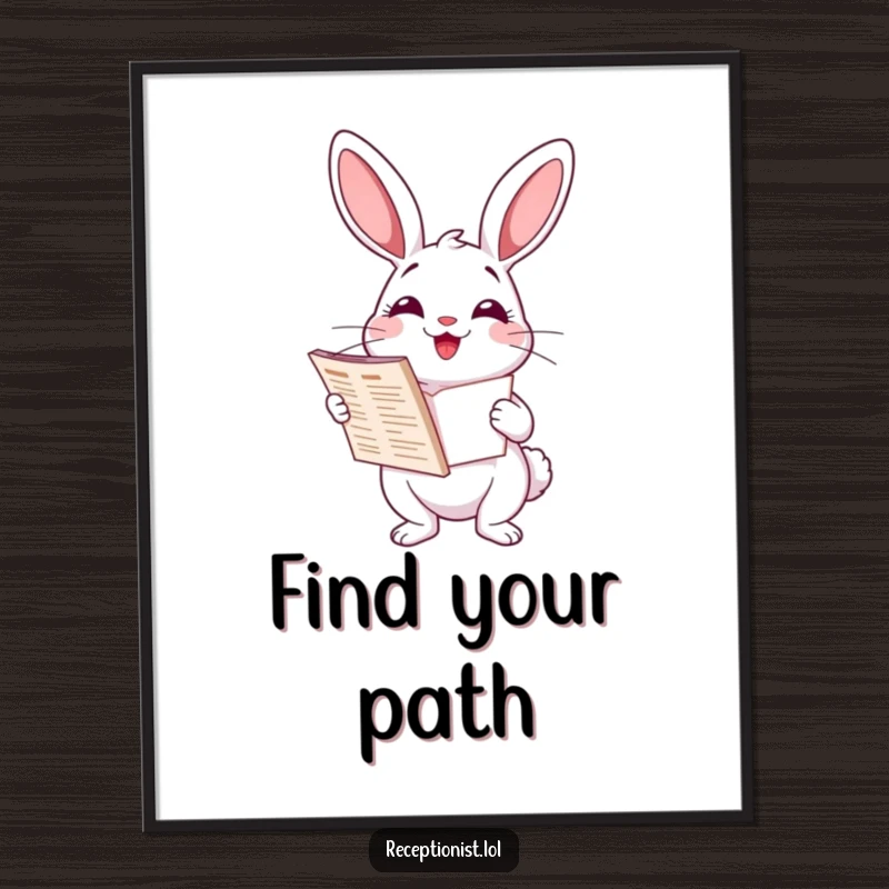 Funny cartoon rabbit holding a directory with a friendly smile, humorous wall art, helpful and organized decor.
