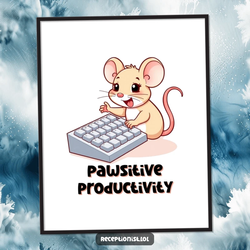 Funny poster showing a cheerful mouse enthusiastically pressing large computer keyboard buttons with tiny paws, celebrating tech and cuteness.