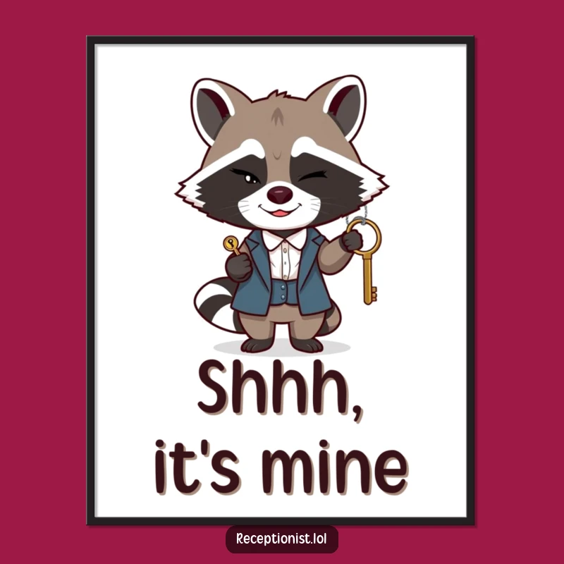 Funny Raccoon Receptionist Poster: Winking Intrigue, Wall Art, Perfect Funny Gift