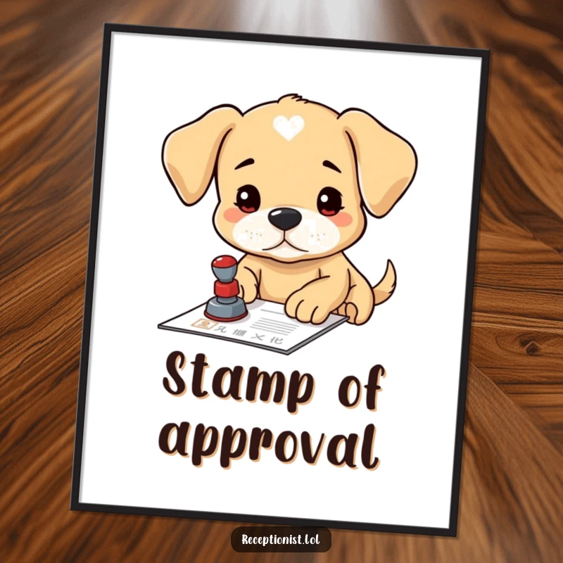 Funny puppy official poster, intently stamping a document, conveying focus and determination, ideal for wall art.
