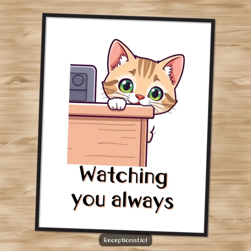 Funny cat poster showcasing a curious kitten's head peeking around a desk, adding a touch of playful mystery and humor to decor.