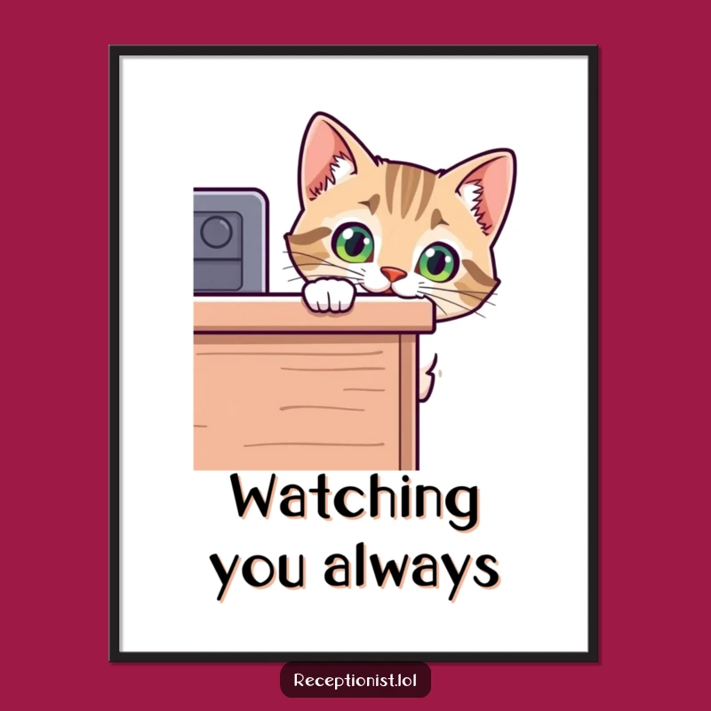 Funny Cat Desk Peek Poster - Whimsical Curious Feline Wall Art, Gift