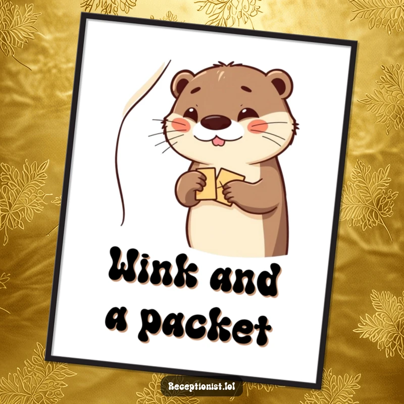 Funny otter with a wink, handing out a welcome packet, displayed as vibrant wall art.