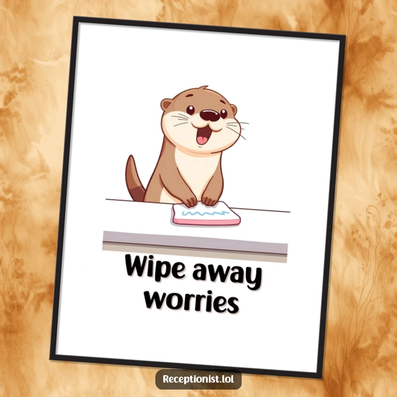 Funny Poster depicting a bouncing otter wiping a counter with energetic, happy swipes, humorous wall art for neat freaks.