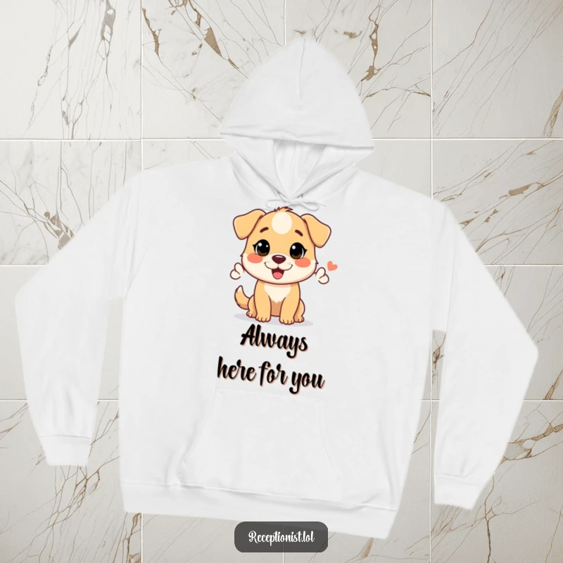 Funny, cozy hoodie featuring a helpful dog character giving a friendly nod, perfect for spreading warmth and cheer.