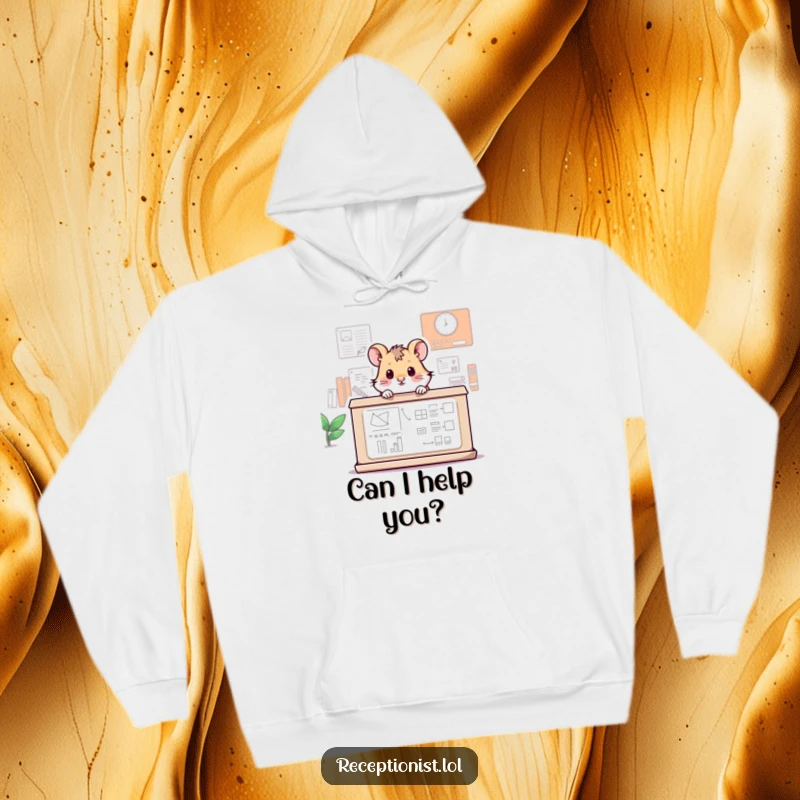 Funny hoodie showing a small, inquisitive hamster peeking over an enormous information desk, offering cozy humor and charm.