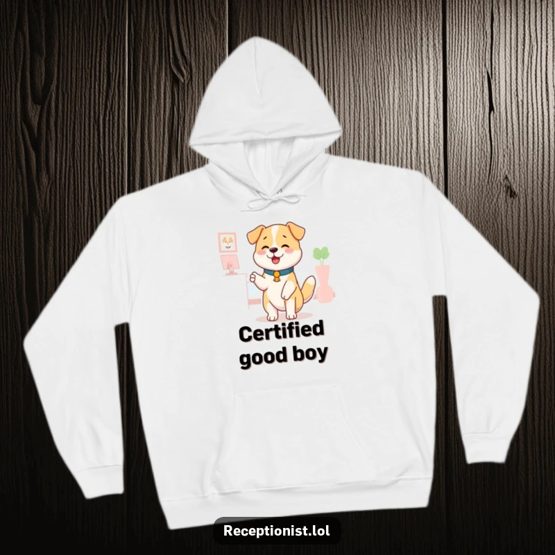 Funny dog receptionist hoodie, a happy dog wagging its tail, offering a comforting pat, soft and warm, humorous pet design.