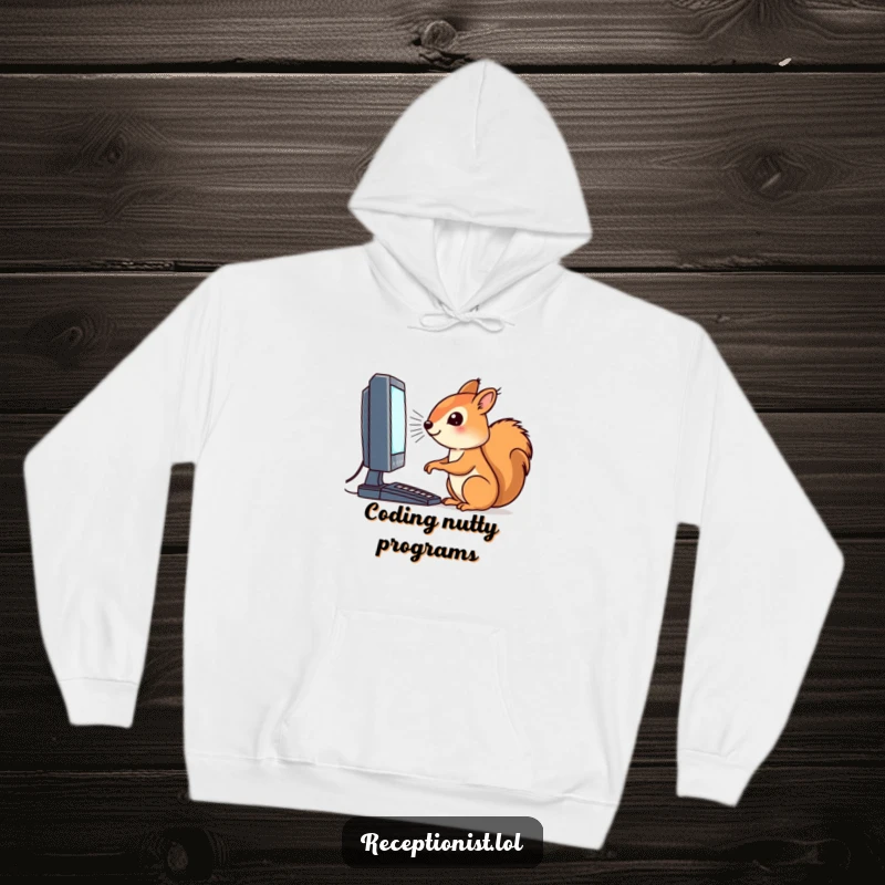 Funny, warm hoodie featuring a dedicated squirrel staring intently at a computer screen, perfect for coders.