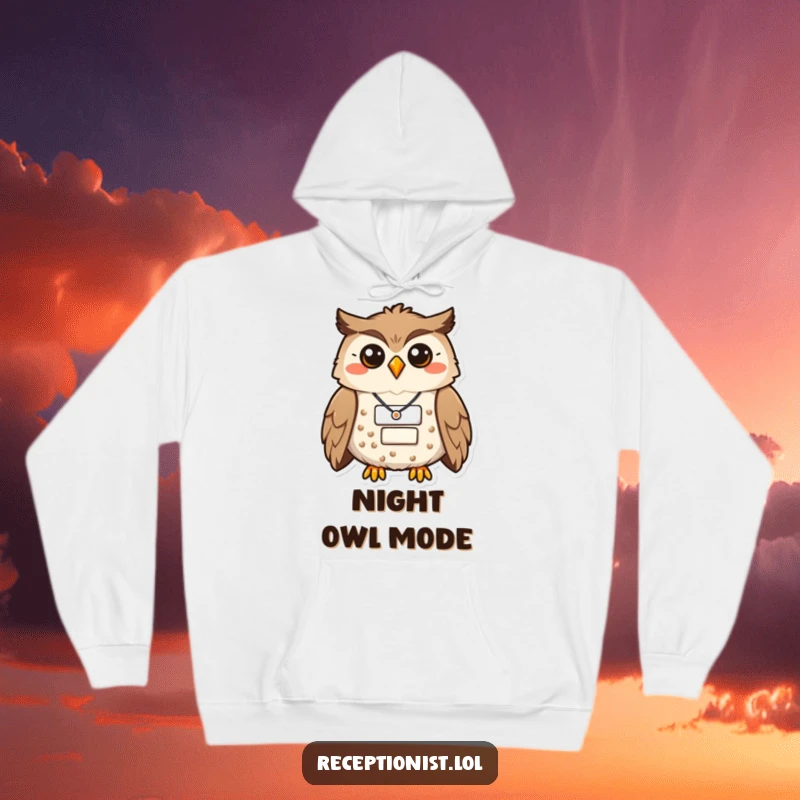 Funny, proud owl wearing a name tag on a cozy hoodie, symbolizing warmth, wisdom, and friendly encouragement.