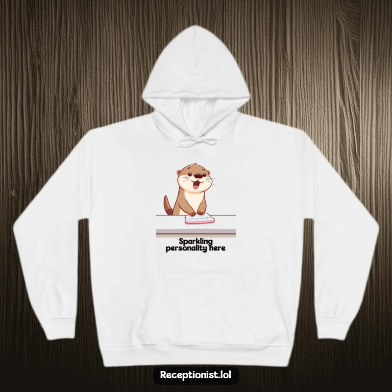 Funny Hoodie with a bouncing otter wiping a counter with energetic, happy swipes, comfortable and humorous for active individuals.
