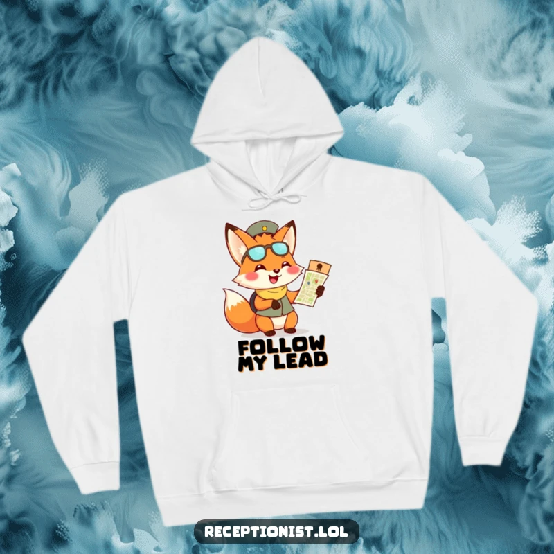 Funny fox receptionist hoodie, warm apparel featuring a grinning fox with a map, symbolizing guidance and fun.