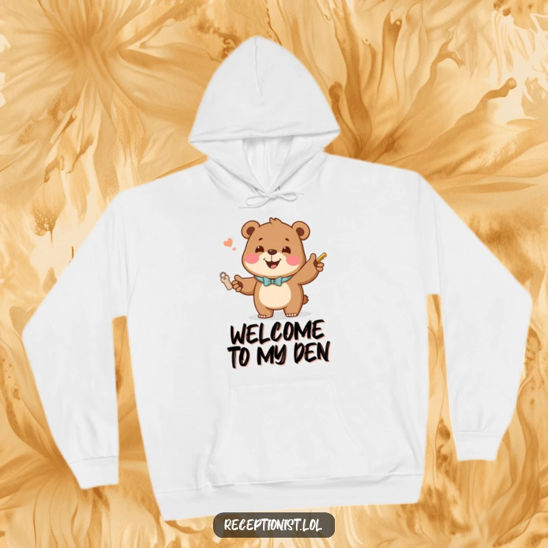 Funny Hoodie with a jovial bear handing out room keys with a welcoming smile, comfortable and humorous for hosts.