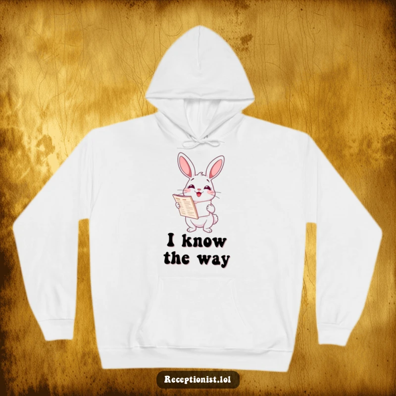 Funny cartoon rabbit holding a directory with a friendly smile, soft and warm hoodie, perfect for organized humor lovers.