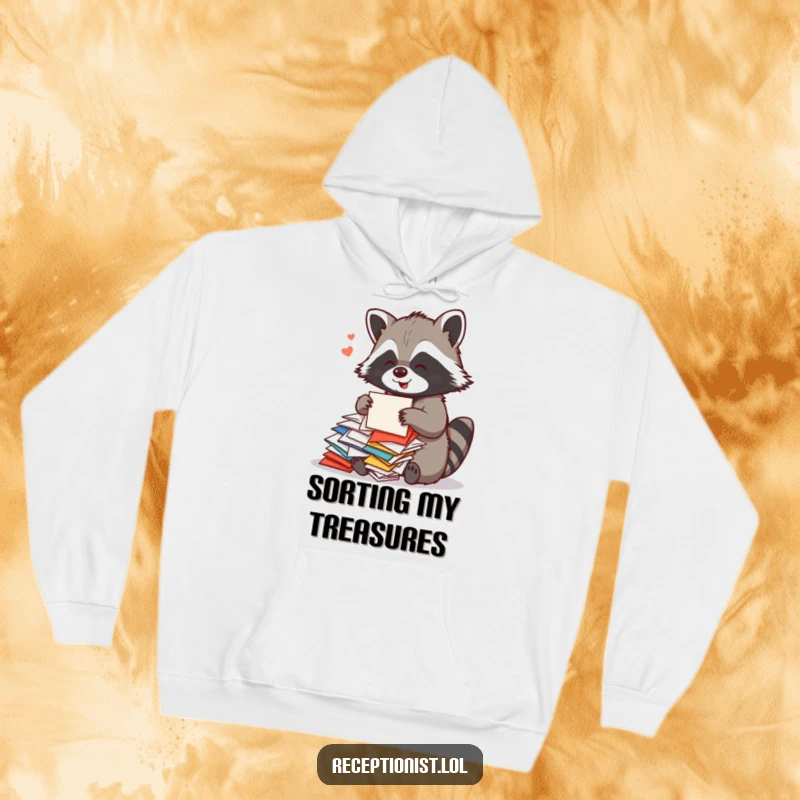 Funny Raccoon Cozy Hoodie featuring a playful raccoon sorting colorful mail with a cheerful hum, perfect for warm, humorous comfort.