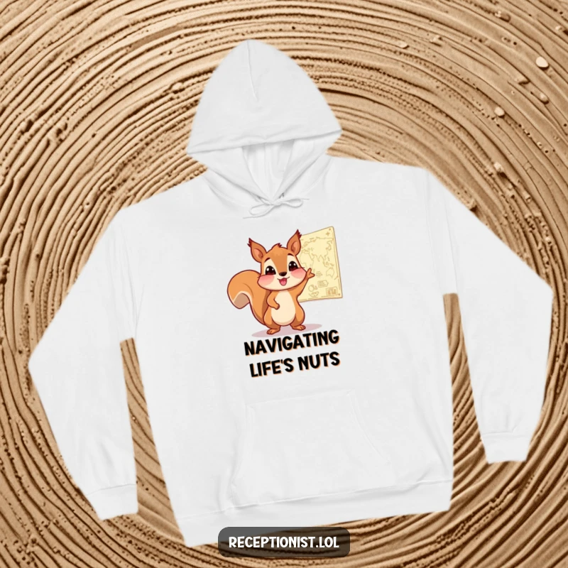 Funny Squirrel Expedition Hoodie showing an enthusiastic squirrel pointing to a map on the wall, perfect for cozy, humorous adventures.