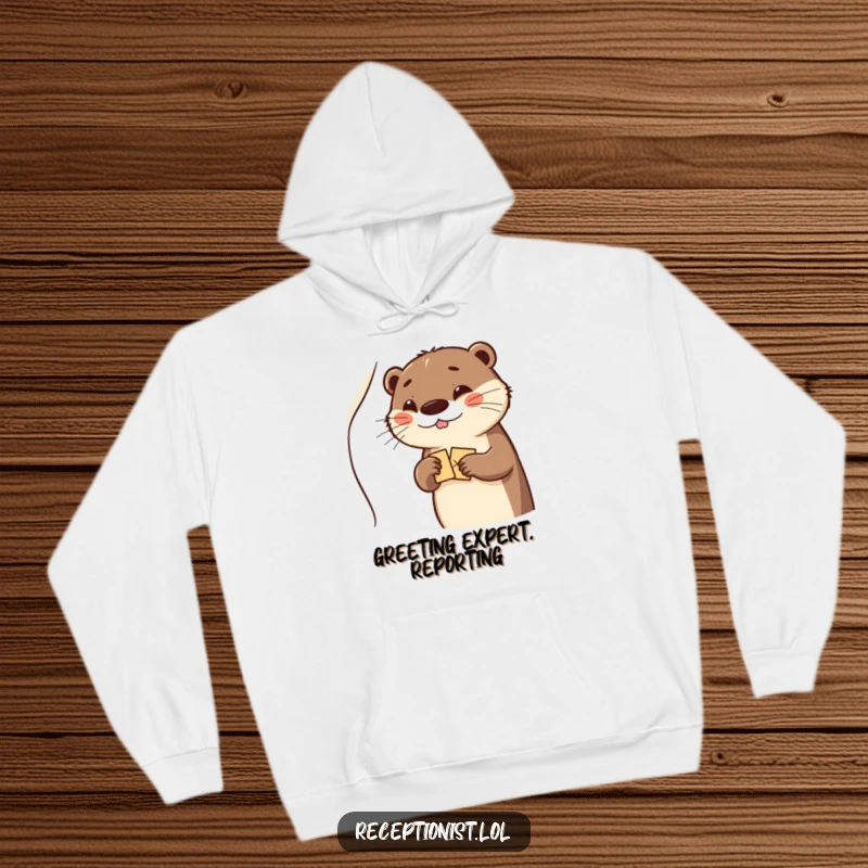 Funny otter with a welcoming wink, offering a packet, featured on a cozy hoodie.