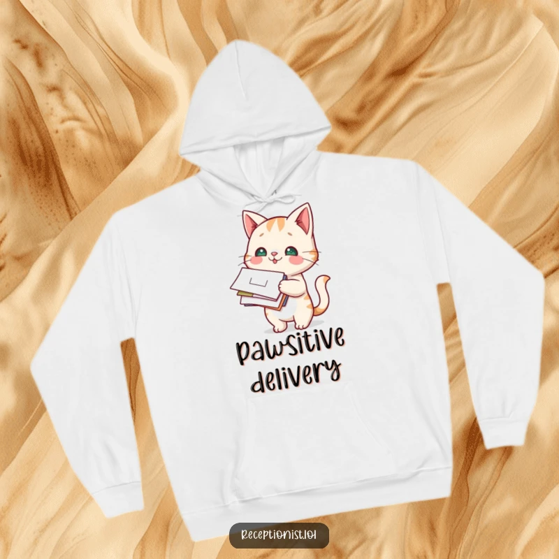 Funny Cat Mail Carrier Hoodie featuring a curious cat protectively holding a pile of letters and packages.