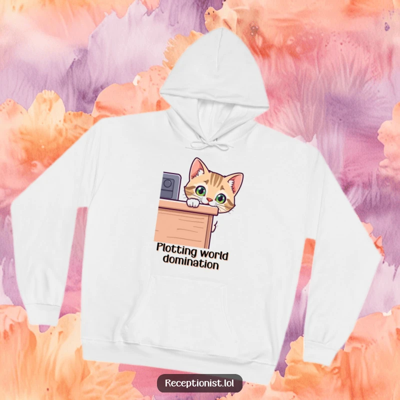 Funny cat hoodie depicting a curious kitten peeking over the edge of a desk, radiating playful intrigue, ideal for chilly days.