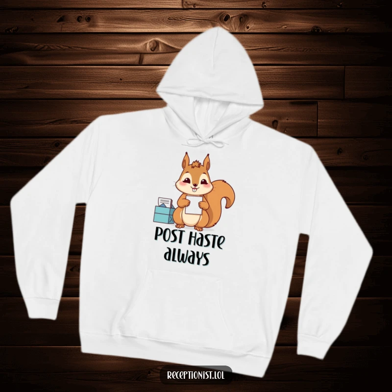 Funny Hoodie with a diligent squirrel sorting mail with precision and a satisfied grin, comfortable and humorous for organized individuals.