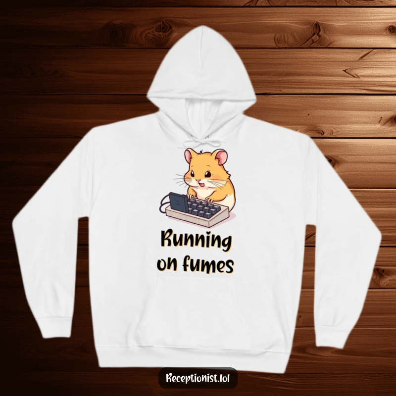 Funny determined hamster typing furiously on a miniature computer keyboard, cozy hoodie design, perfect for staying warm and productive.