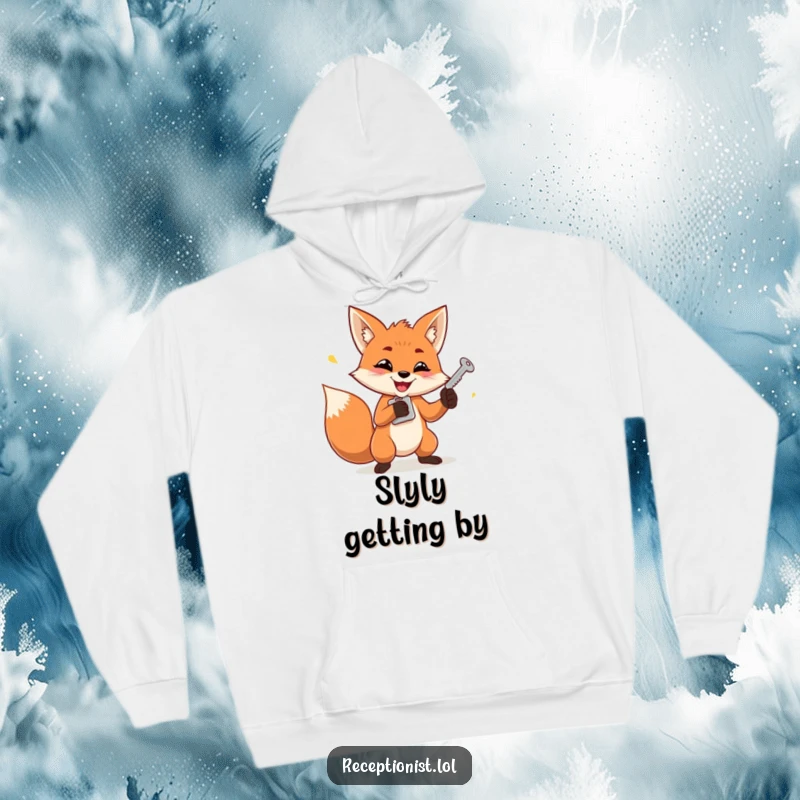Funny hoodie featuring a determined fox mischievously juggling keys, perfect for cozy and witty wear.