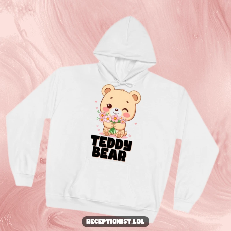 Funny bear cub hoodie featuring a sweet character holding a bouquet of flowers with a gentle smile, ideal for cozy comfort and expressing love.