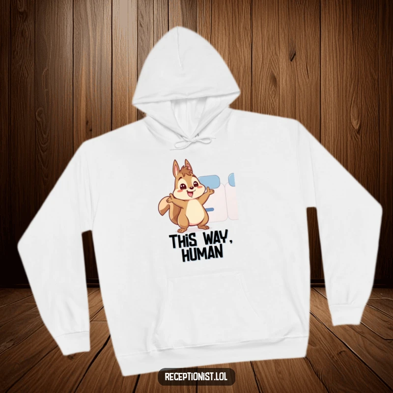 Funny squirrel hoodie, a lively squirrel character waving to show a guest where to sit, exuding warmth and helpfulness.