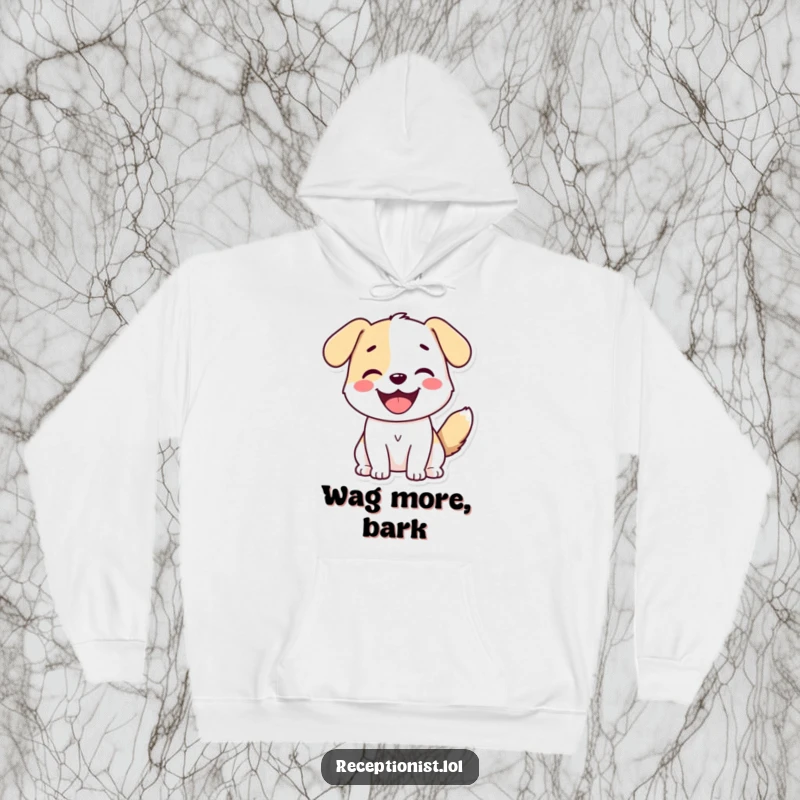 Funny Dog Greeting Hoodie featuring a cute dog with a wagging tail and broad smile, radiating pure excitement.