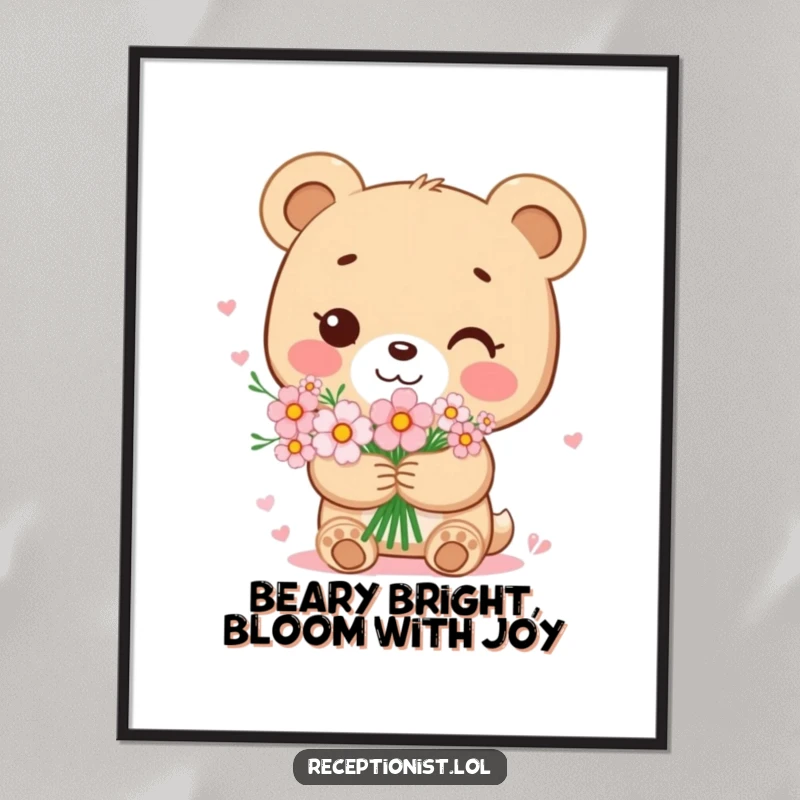 Funny Free Printable Wall Art: A sweet bear cub holding a bouquet of flowers with a gentle smile, perfect for cozy decor.