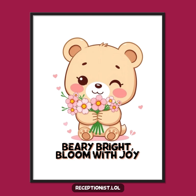 Funny Free Printable Wall Art: Sweet Bear Cub with Flowers for Cozy Decor