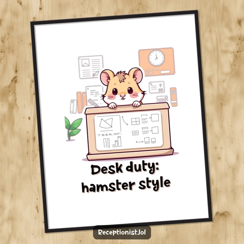 Funny Free Printable Wall Art: Tiny hamster peeking over a large info desk, looking curious and cute, perfect for home decor.