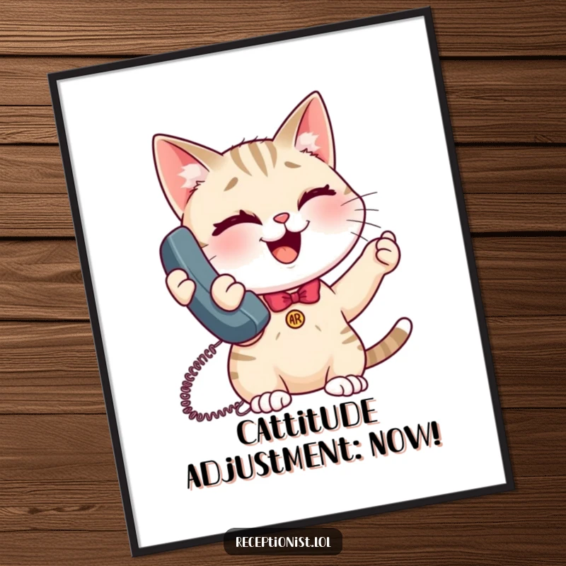 Funny Free Printable Wall Art: Giggling cat receptionist winks, holding phone, bringing quirky charm to your decor.