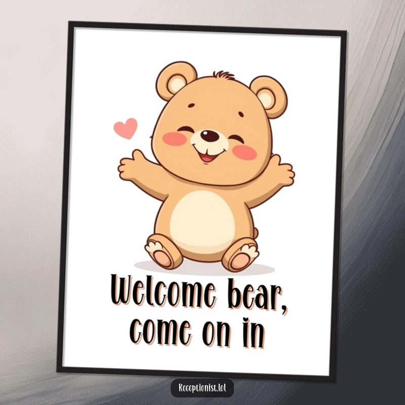 Funny Free Printable Wall Art of a giggling bear cub enthusiastically greeting visitors with wide-open arms, full of joy and humor.