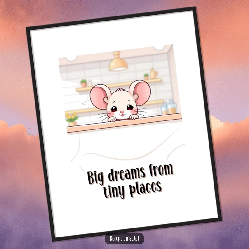 Funny Free Printable Wall Art: Tiny mouse peeking curiously over a large counter with a friendly, inviting glimmer.