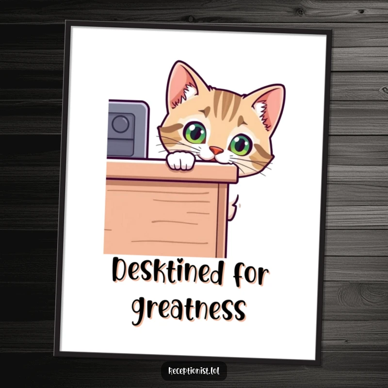 Funny Free Printable Wall Art featuring a curious cat peeking around a desk, adding a humorous and playful touch to any room.