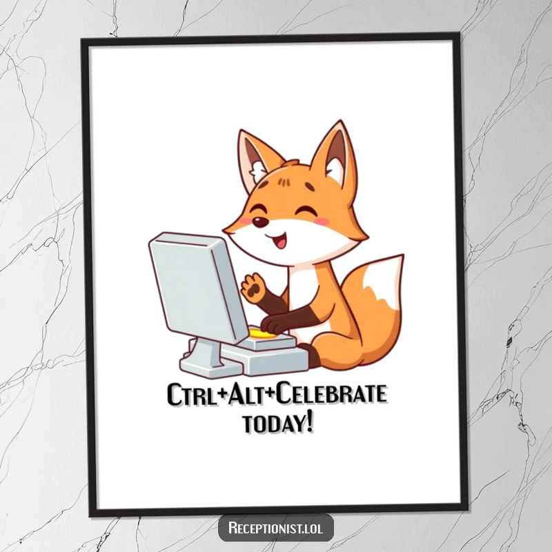 Funny Free Printable Wall Art: Giggling cartoon fox at a computer, paws flying over the keyboard with pure joy.