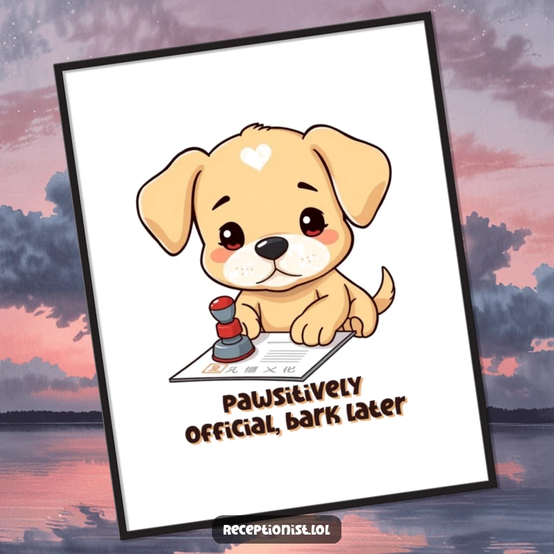 Funny Free Printable Puppy Wall Art: A determined puppy stamps a document with focus, bringing official humor to decor.