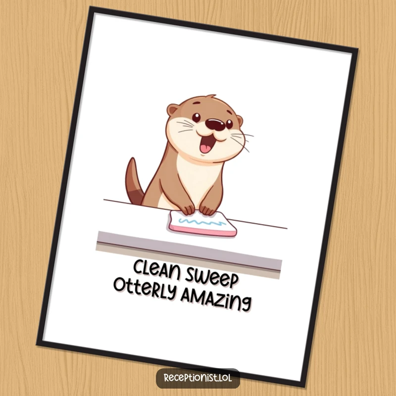 Funny Free Printable Wall Art: Bouncing otter wiping down a counter with energetic, happy swipes, adding cheerful vibes.