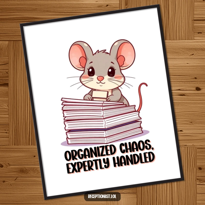 Funny Free Printable Wall Art: Focused mouse with name tag, meticulously stacking papers in an office