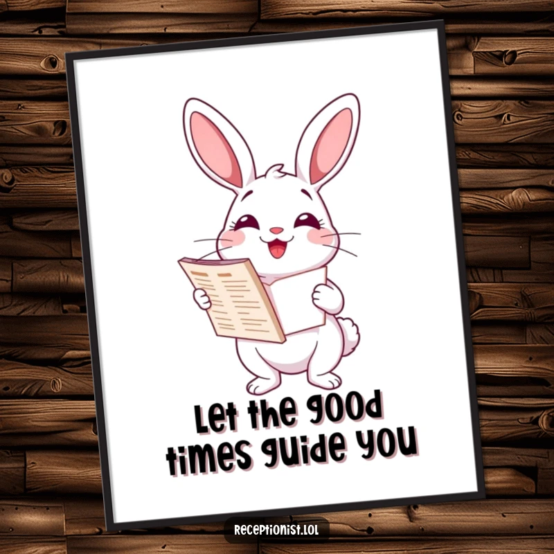 Funny Free Printable Wall Art: Delighted cartoon rabbit holding an open directory, radiating helpfulness and charm.