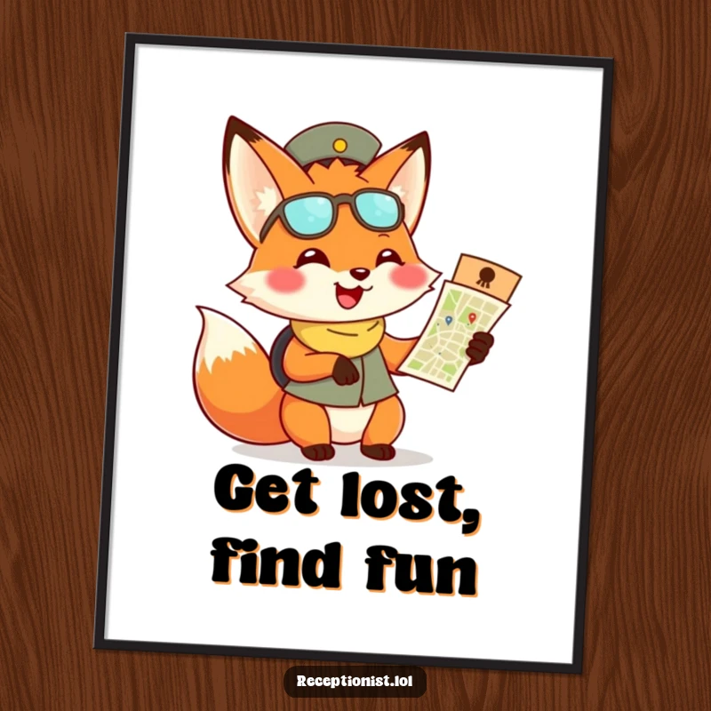 Funny Free Printable Wall Art: Playful fox receptionist grins, holding a map, adding cheerful character to your decor.