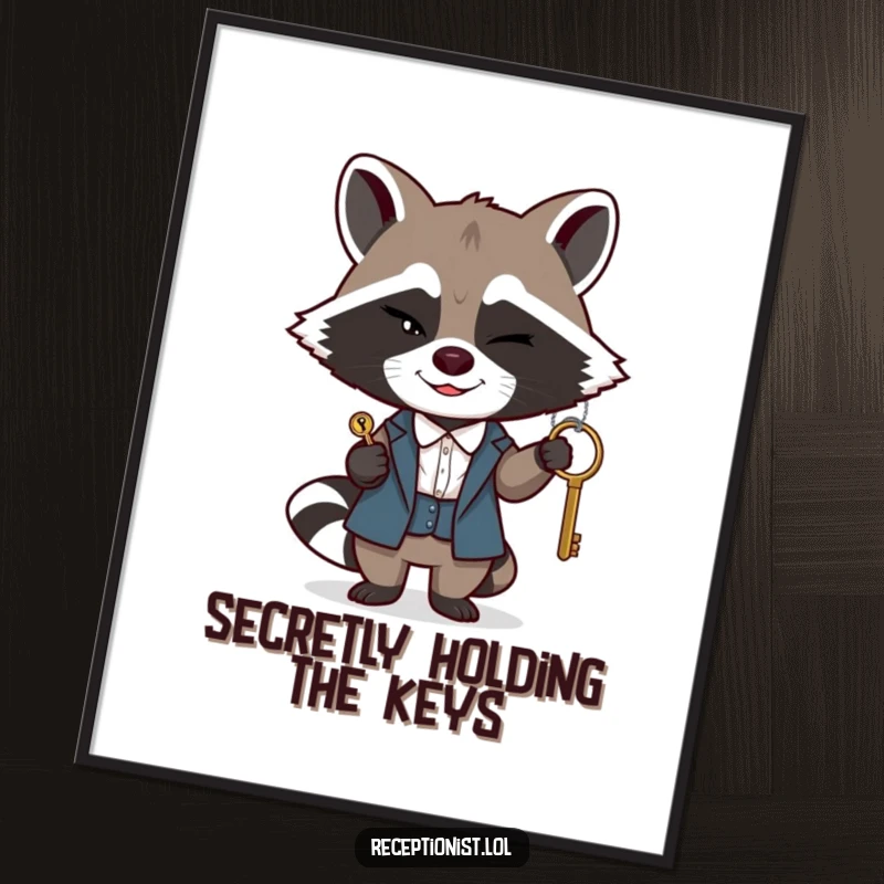 Funny Free Printable Wall Art: A winking raccoon receptionist discreetly passes a single, important key with a sly smile.