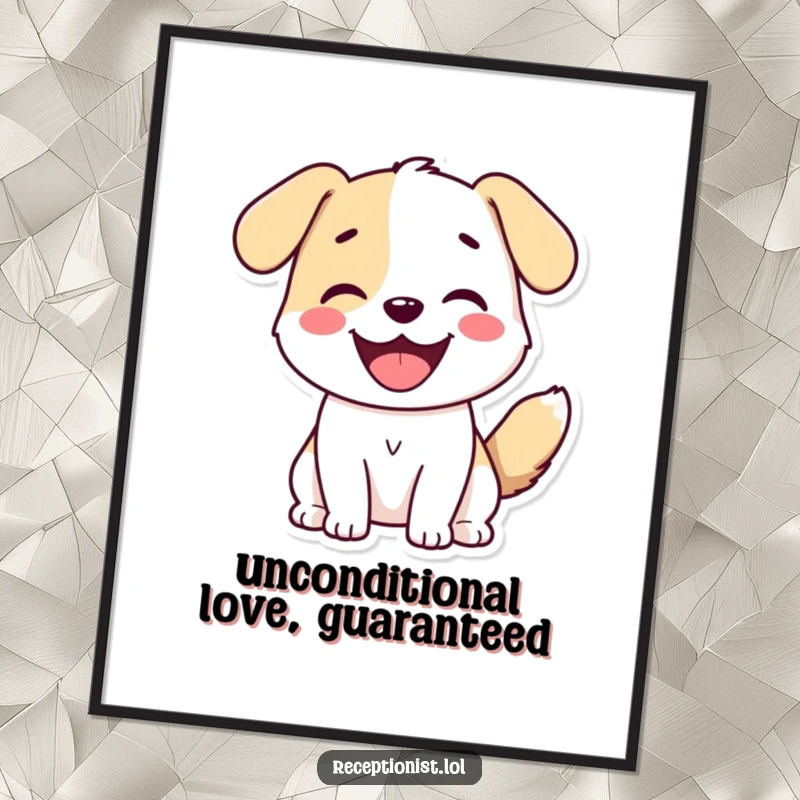 Funny Free Printable Wall Art showing a cute dog greeting warmly with a rapidly wagging tail and an enormous, infectious smile.