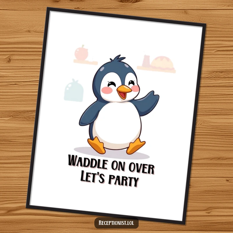 Funny Free Printable Wall Art of a playful penguin performing a quick dance of greeting at a counter, adding charm and humor.