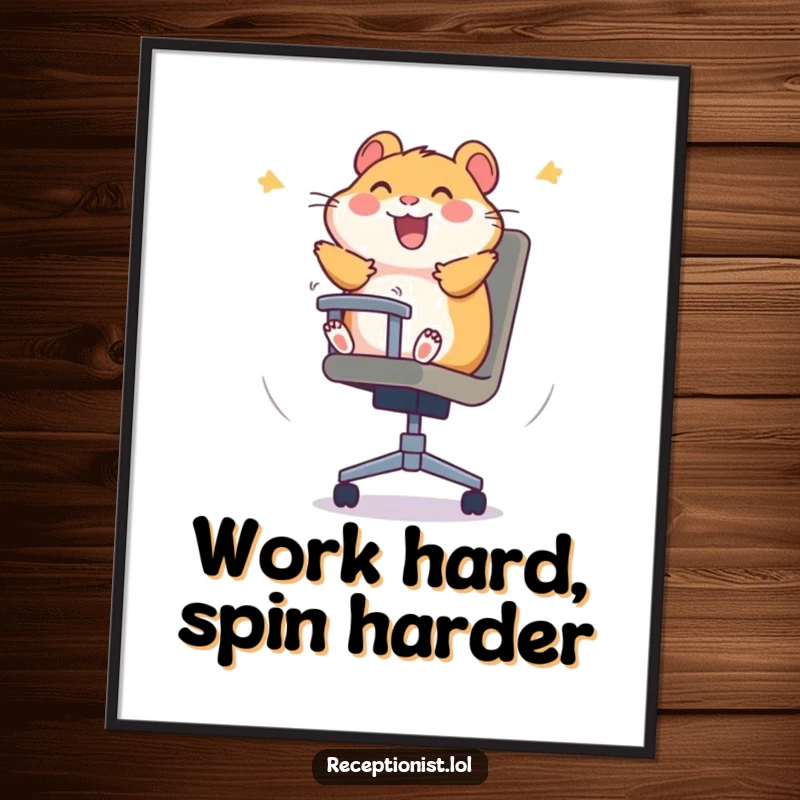 Funny Free Printable Wall Art of a giggling hamster spinning uncontrollably in an office chair, embodying sheer, unbridled amusement.