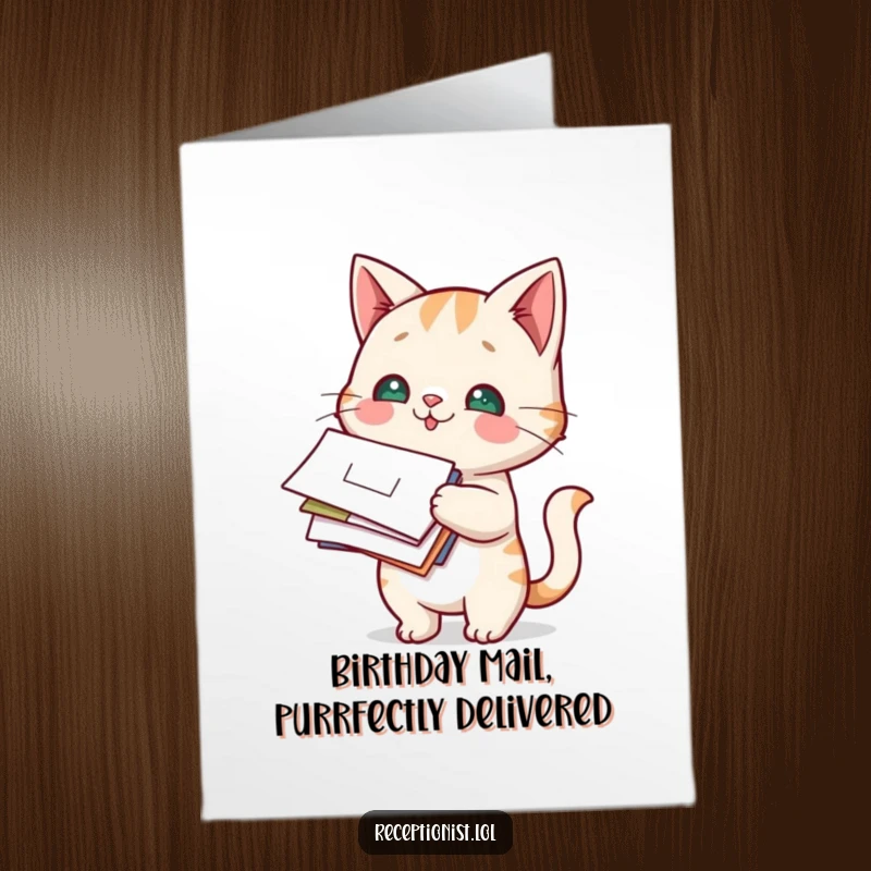 Funny Free Printable Birthday Card with a playful cat holding a stack of mail, looking intrigued.