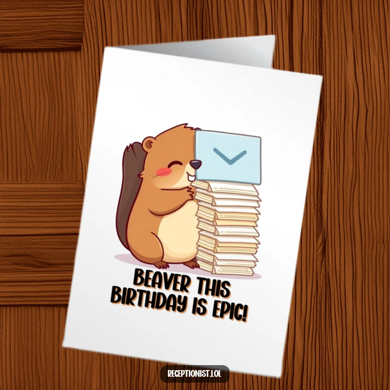 Funny Free Printable Birthday Card featuring a busy beaver efficiently stacking messages, ready to wish someone a happy birthday with a smile.