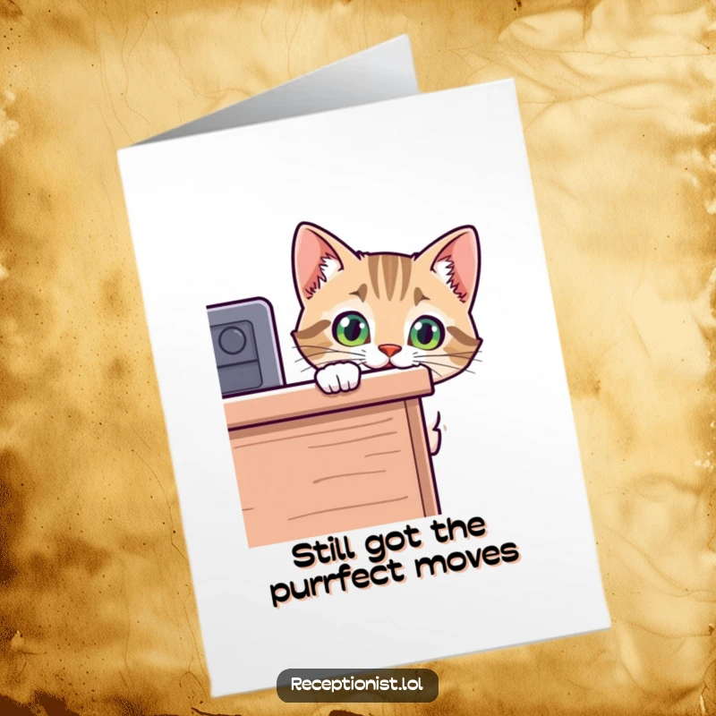 Funny Free Printable Birthday Card featuring a mischievous cat peeking curiously around a desk, ready to wish someone a happy birthday.